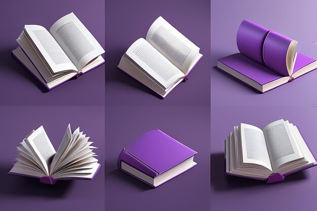 Foto livro de papel aberto com capa dura roxa voando no ar em diferentes ângulos de rotação em 3d