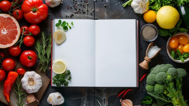 Foto livro de receitas em branco aberto cercado por ingredientes frescos em uma mesa escura