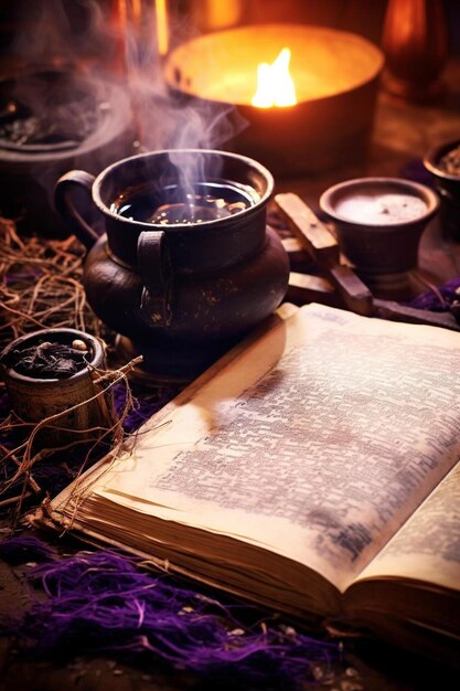 Foto livro de receitas mágicas e uma poções mágicas em uma mesa bruxaria fundo com cópia espaço druida ou