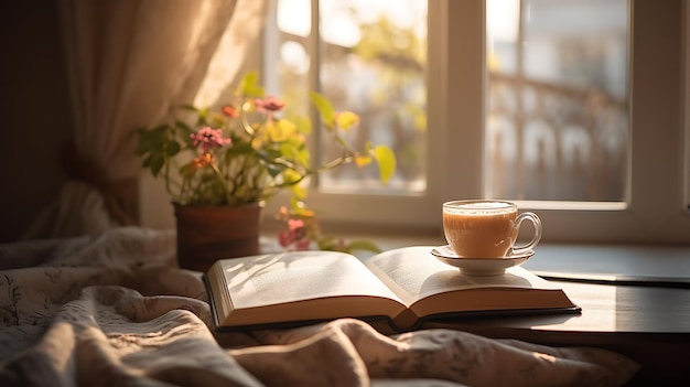 Livro e uma xícara de café quente na mesa ao lado da cama contra uma janela com vista para o sol da manhãCriado com tecnologia Generative AI