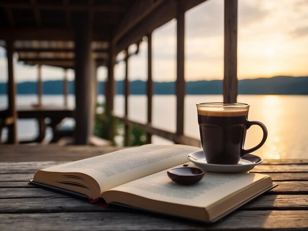 Livro fechado e uma xícara de café na cabana da doca ao fundo