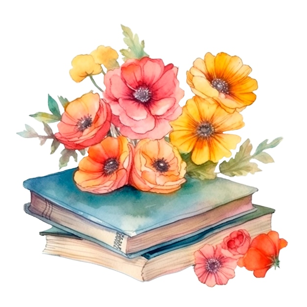 Livro floral em aquarela clipart ai livro generativo com flores de outono de volta à ilustração da escola