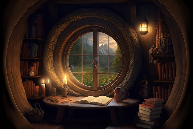 Livro interior da casa Hobbit e velas na mesa dentro da cabana de fantasia IA generativa