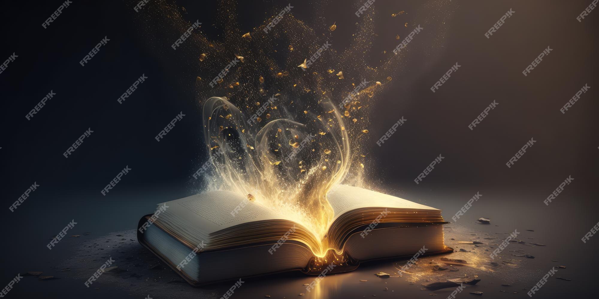 Livro mágico lendário ou abertura da bíblia com partículas