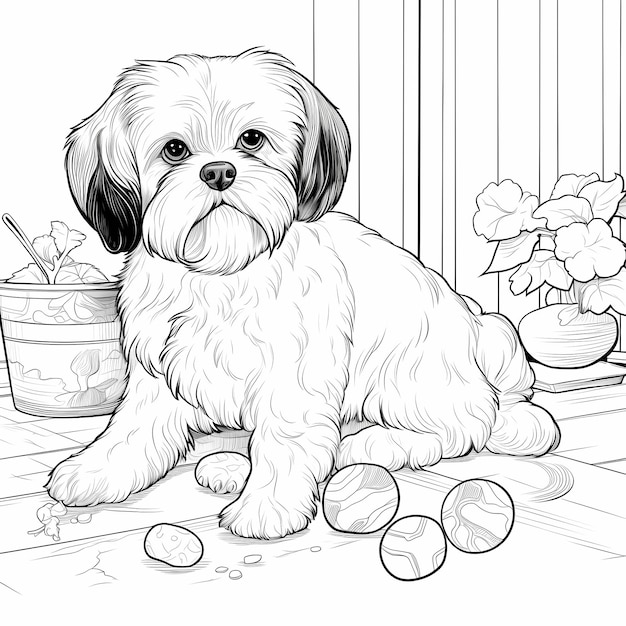 Livro para colorir adulto com um cachorro shih tzu dormindo na cama do  cachorro