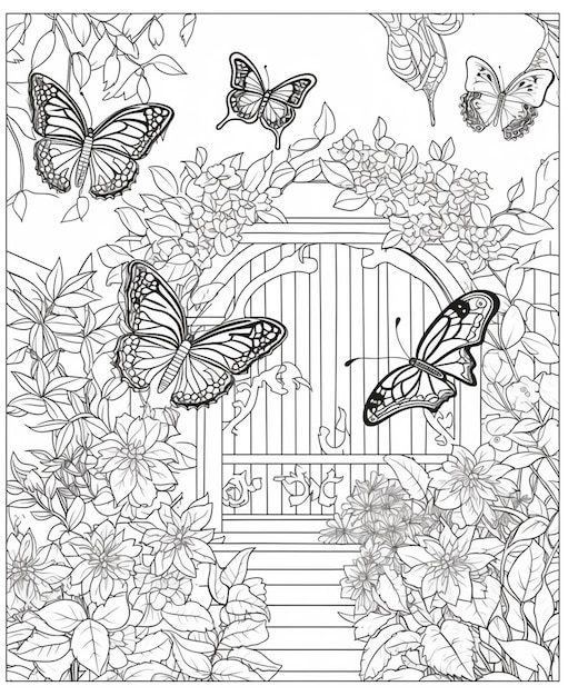 Livro para colorir com borboletas e uma porta para o jardim.