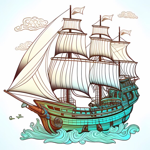 Foto livro para colorir de aventura em alto mar para adultos com um barco pirata em linhas pretas