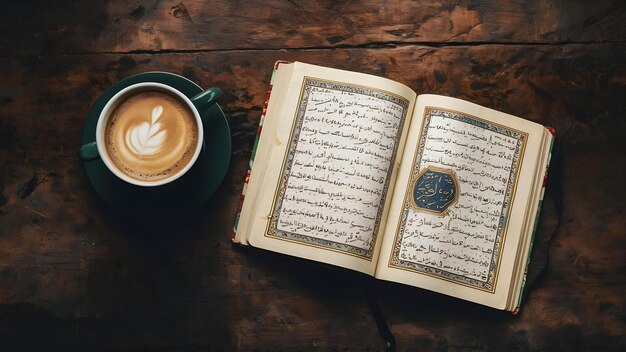 livro sagrado do Alcorão e xícara de café