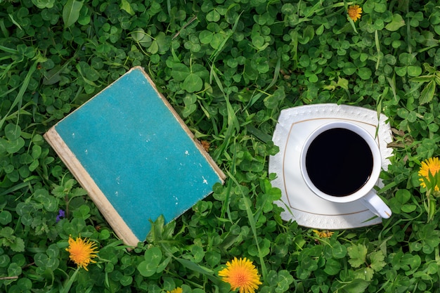 Livro velho e uma xícara de café quente em um verão de Prado verde ou vista superior de manhã de primavera