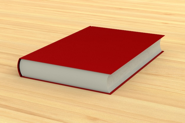 Livro vermelho na mesa de madeira. Ilustração 3D