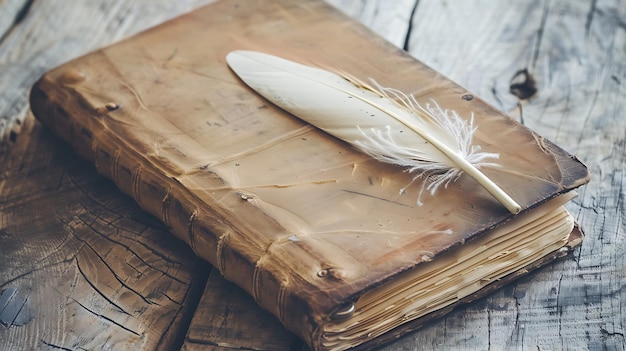 Livro vintage e caneta em superfície de madeira