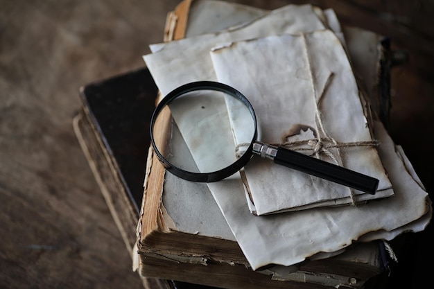 Livros antigos em uma mesa de madeira e lupa de vidro