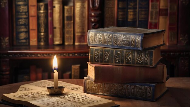 Livros árabes perto de uma vela