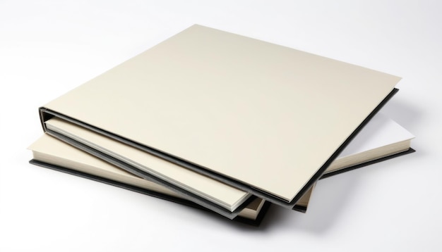 Livros de capa dura cremosa e bege empilhados sobre um fundo branco