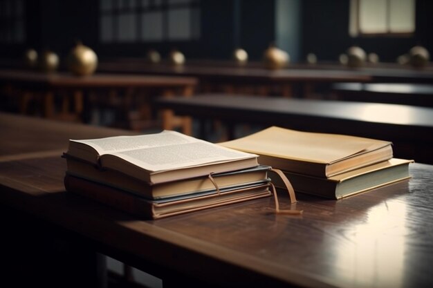 Livros de conceito de educação na mesa do auditório