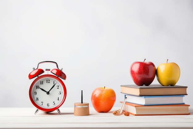 Livros de despertador e maçãs em mesa de madeira Conceito de volta à escola Relógio de despertador laranja com maçã vermelha e equipamentos escolares Conceito de volta à escola em fundo branco AI Gerado