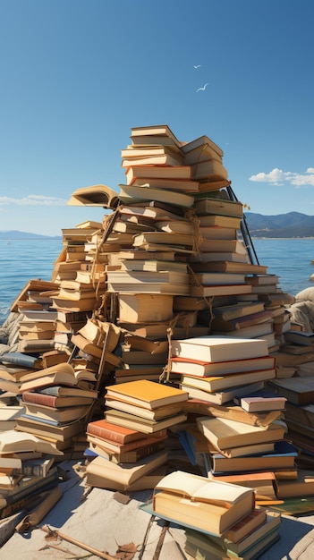 Foto livros de fuga à beira-mar empilhados para leitura tranquila com vasto pano de fundo do mar papel de parede móvel vertical