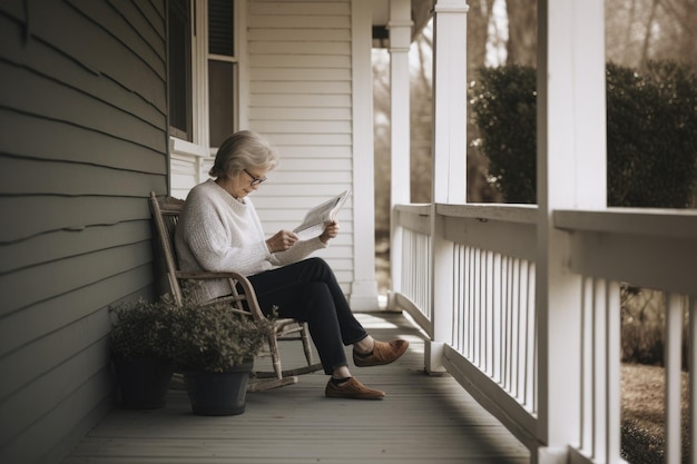 Livros de leitura sênior caucasianos femininos na varanda casual relaxante Generative AI AIG23