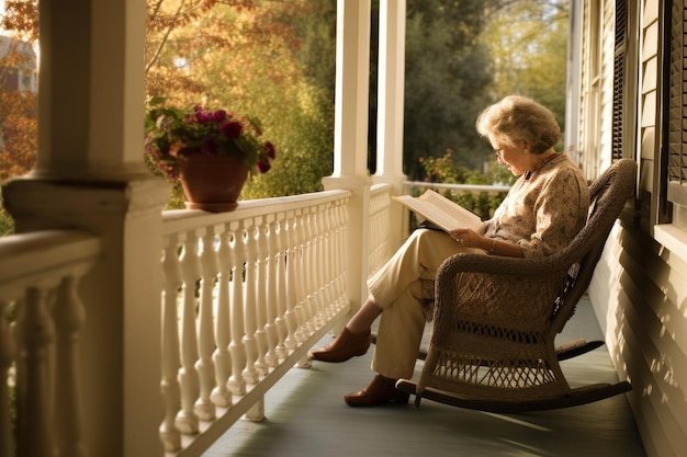 Livros de leitura sênior caucasianos femininos na varanda casual relaxante Generative AI AIG23