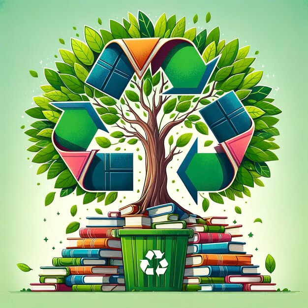 Foto livros e árvore com folhas verdes ilustração do conceito de reciclagem