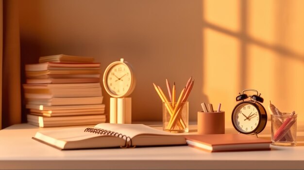 Livros e cadernos cor-de-rosa de um aluno preparado para fazer seu trabalho de casa