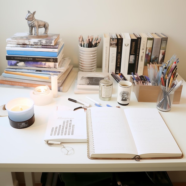 Foto livros e canetas em uma mesa de trabalho branca