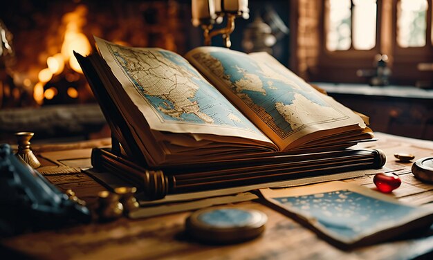Livros e mapa tesouro mapa na mesa na sala de estudo