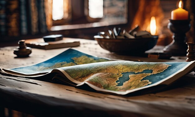 Livros e mapa tesouro mapa na mesa na sala de estudo