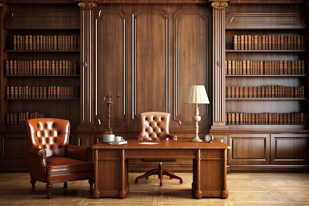 Livros e móveis de madeira interiores de escritório clássico