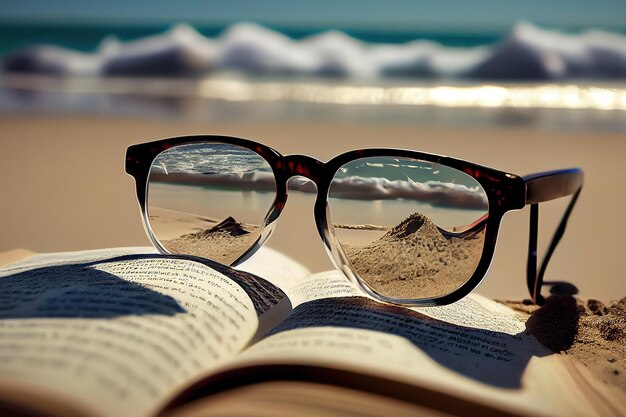 Foto livros e óculos de sol em uma praia generative ai