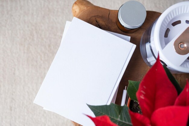 Foto livros em branco com caneta e planta de poinsettia