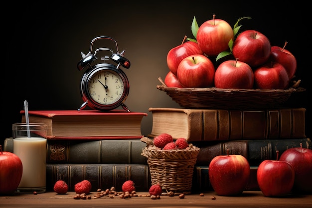 Livros maçãs vermelhas o despertador está na mesa cartão para o dia do professor de férias