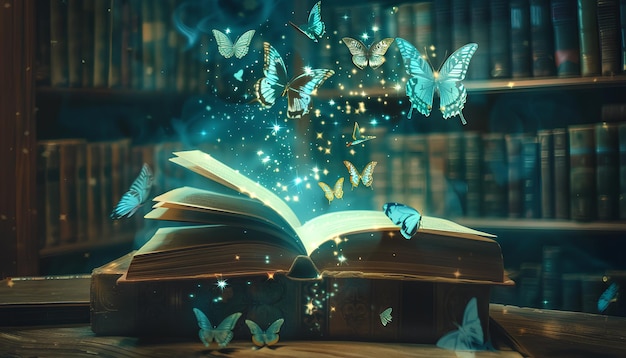 Foto livros mágicos antigos com brilho e borboletas voadoras na biblioteca escura.