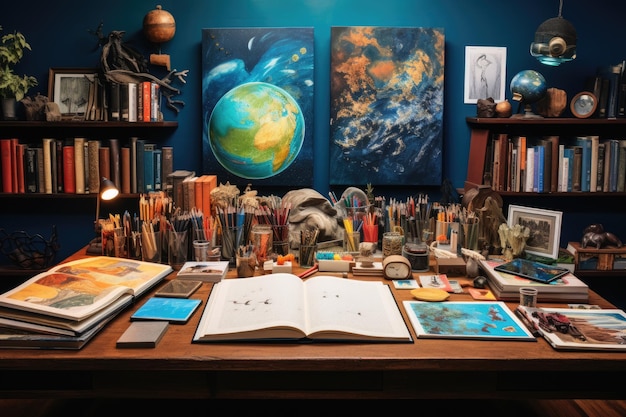 Livros variados e arte em uma mesa de madeira Entre em um canto criativo com livros, um diário cheio de esboços, notas adesivas coloridas e uma coleção de ferramentas de escrita que inspiram a imaginação Gerado por IA