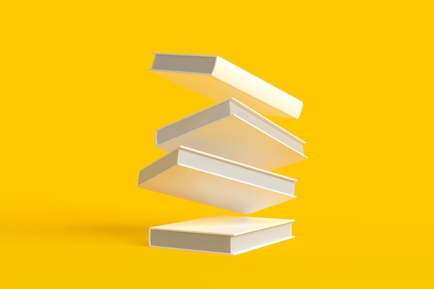 Livros voadores em fundo amarelo pastel Levitação Conceito de educação Ilustração de renderização 3D