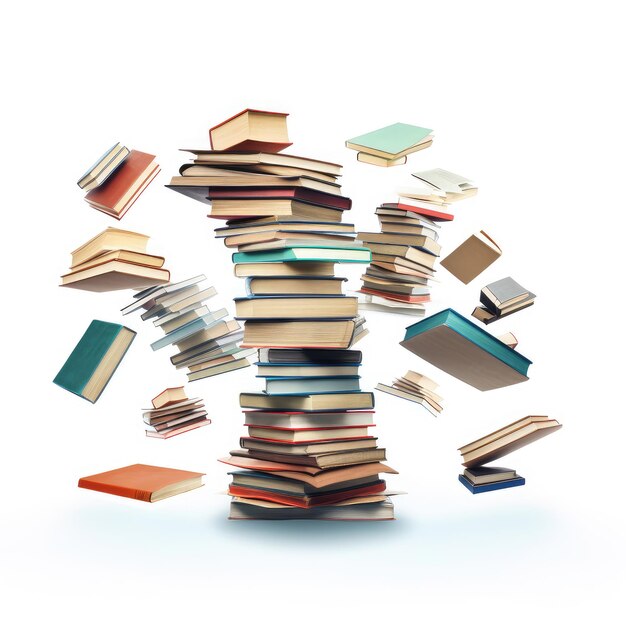 Livros voando em uma pilha isolada em um fundo branco