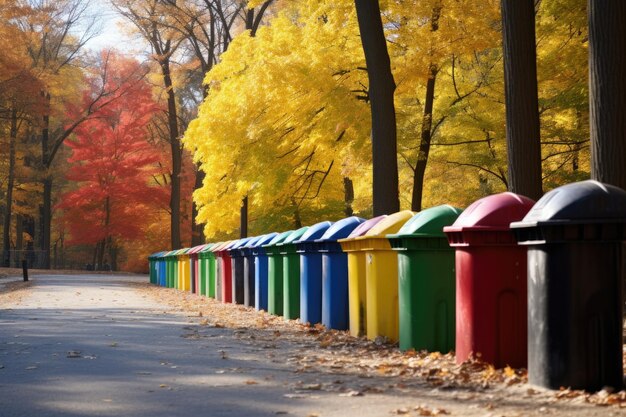 Lixeiras coloridas alinhadas em um parque