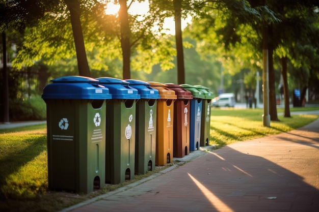 Lixeiras de reciclagem de cores diferentes em lixeiras do parque da cidade para coleta de materiais reciclados