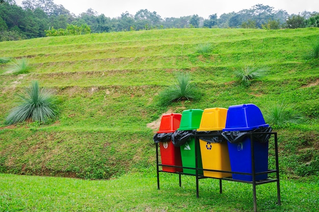 Lixeiras multicoloridas separadas sobre um grande campo verde