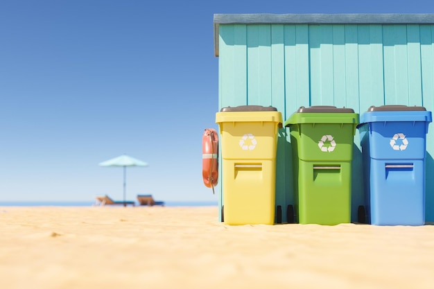 Lixeiras na praia de areia