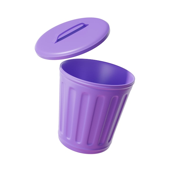 Lixo aberto roxo flutuando no ambiente de fundo branco conceito de lixo espaço de cópia de resíduos cartoon ilustração de renderização 3D mínima