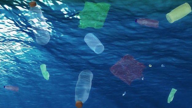 Lixo de lixo plástico subaquático no oceano Água poluída com lixo plástico Animação 3D garrafa de plástico e sacos de resíduos oceânicos