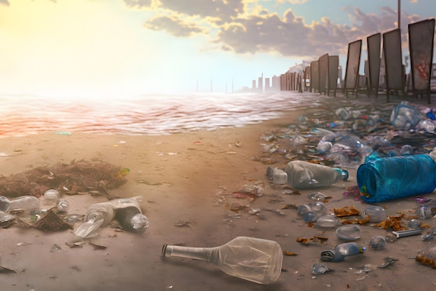 Lixo derramado na praia da cidade grande Garrafas plásticas sujas usadas vazias Costa arenosa do mar sujo no Mar Negro Poluição ambiental Problema ecológico Rede neural gerada por IA