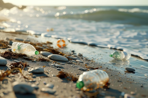 Foto lixo e garrafas de plástico poluição na praia lixo e garrapatas de plástico contaminação na praia