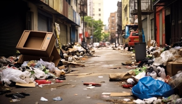 Lixo e pilhas de lixo no antigo bairro danificado da rua da cidade precisam de limpeza