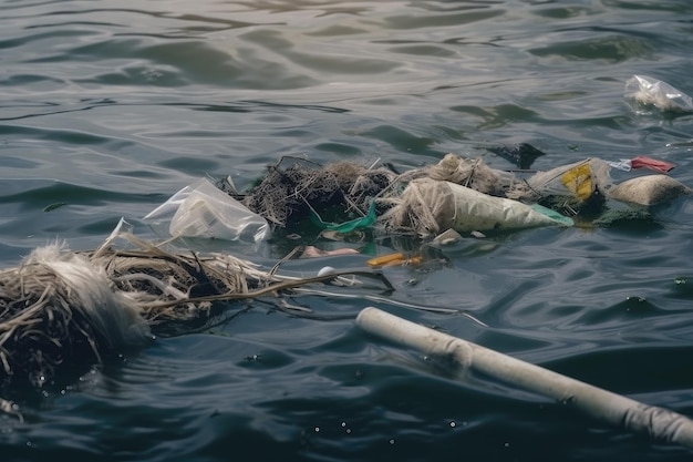 Lixo e poluição das latas de garrafas de sacos de plástico do mar flutuando na superfície da água