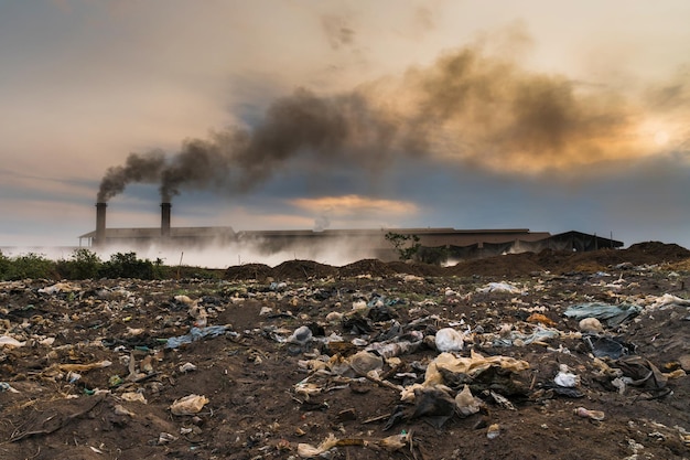 Foto lixo em frente ao conceito de indústria e poluição da smokestack factory