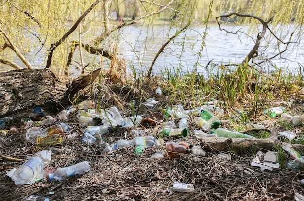 Lixo plástico na natureza Poluição do meio ambiente Desastre ecológico Água suja verde
