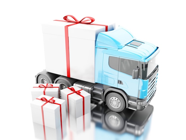 LKW 3d, der eine Geschenkbox mit Band liefert