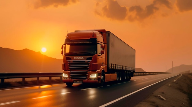 LKW auf der Strecke Autobahn Sonnenaufgang oder Sonnenuntergang das Auto macht internationalen Frachttransport Generative KI